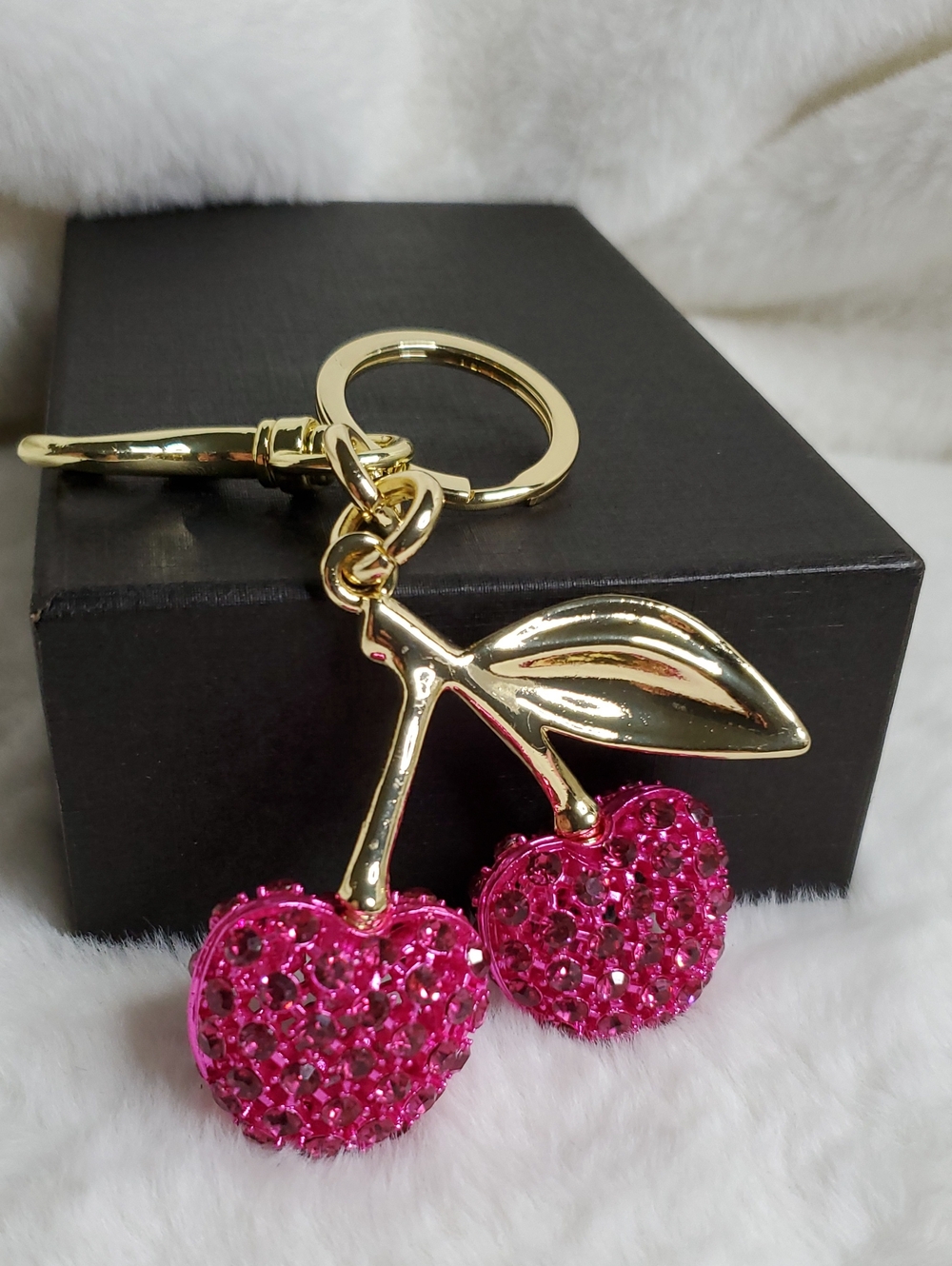 CC Boutique Gold Cherry Keychain with Hot Pink Crystal Cherries